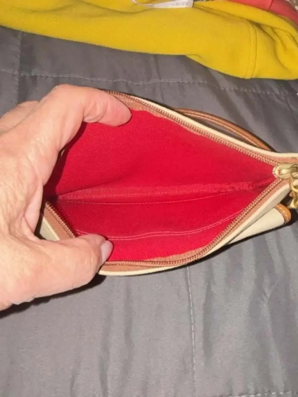 Vintage Coach Tan and Cream Canvas Turnlock Wristlet Pouch with Leather Trim